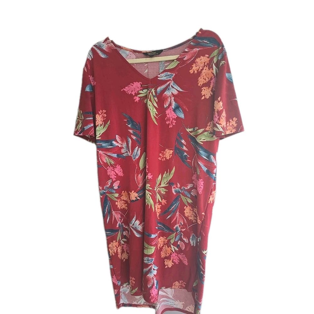 Christian Siriano Red Tropical V-Neck Short Sleeve Shift Dress Womans Size XL